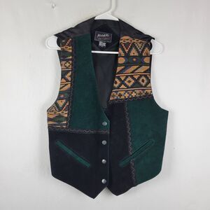 Vtg Katch Me 100% Leather Green Southwestern Snap Up Lined Vest Women's Large